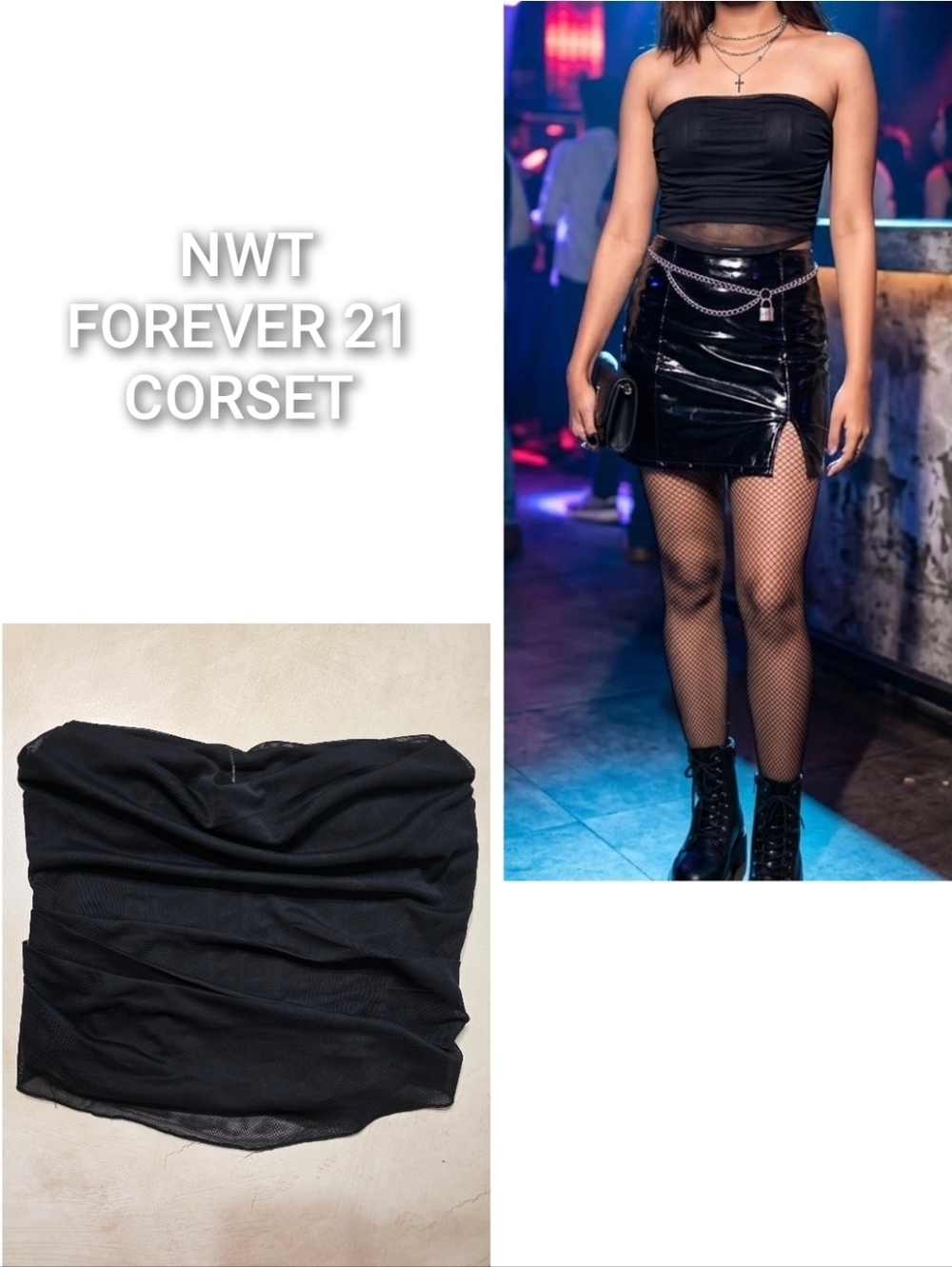 NWT Forever 21 Ruched Mesh Corset Tube Top. Size L.